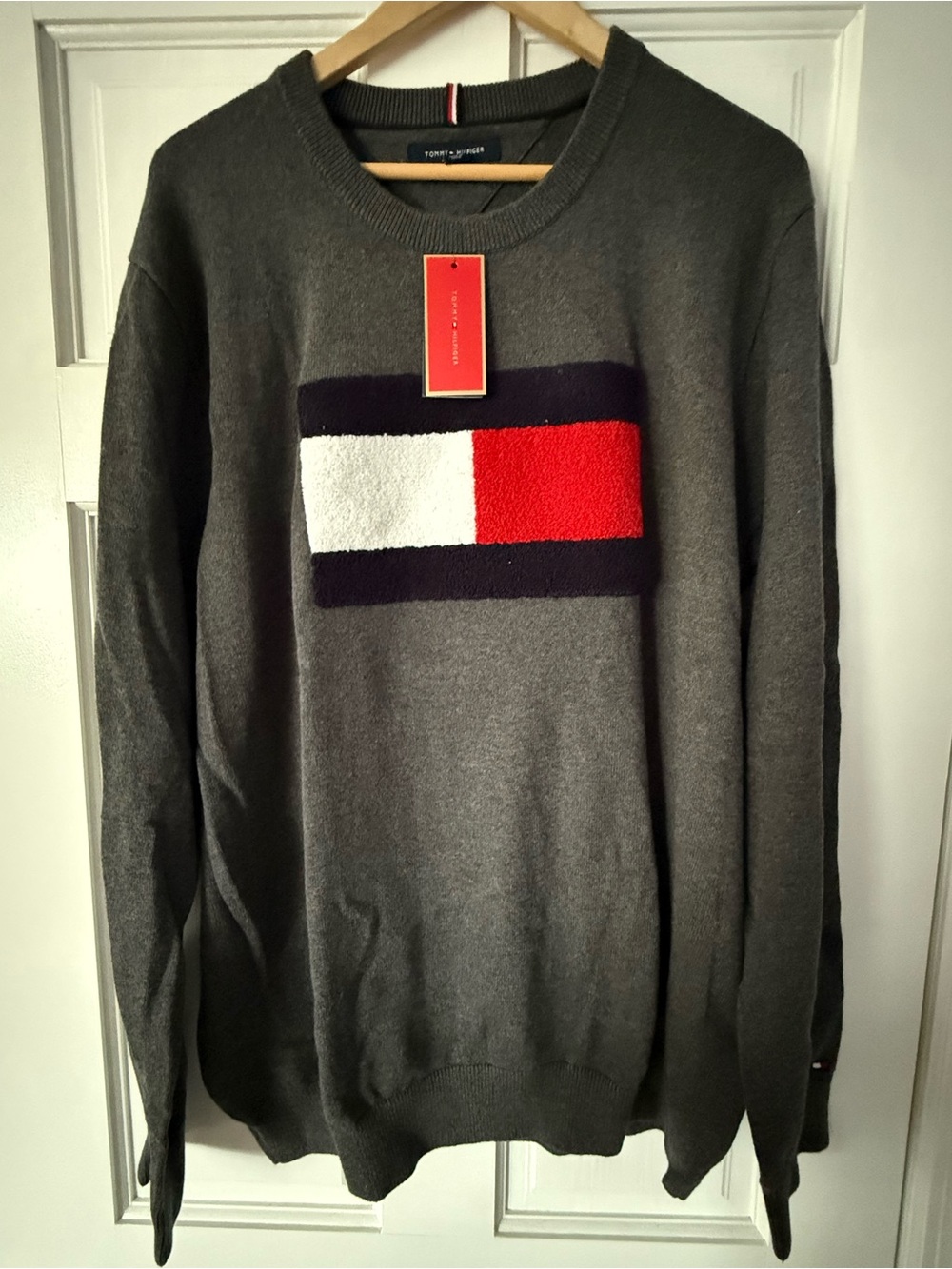 Tommy Hilfiger Men’s Charcoal Crewneck Sweater with Red & White Logo Block